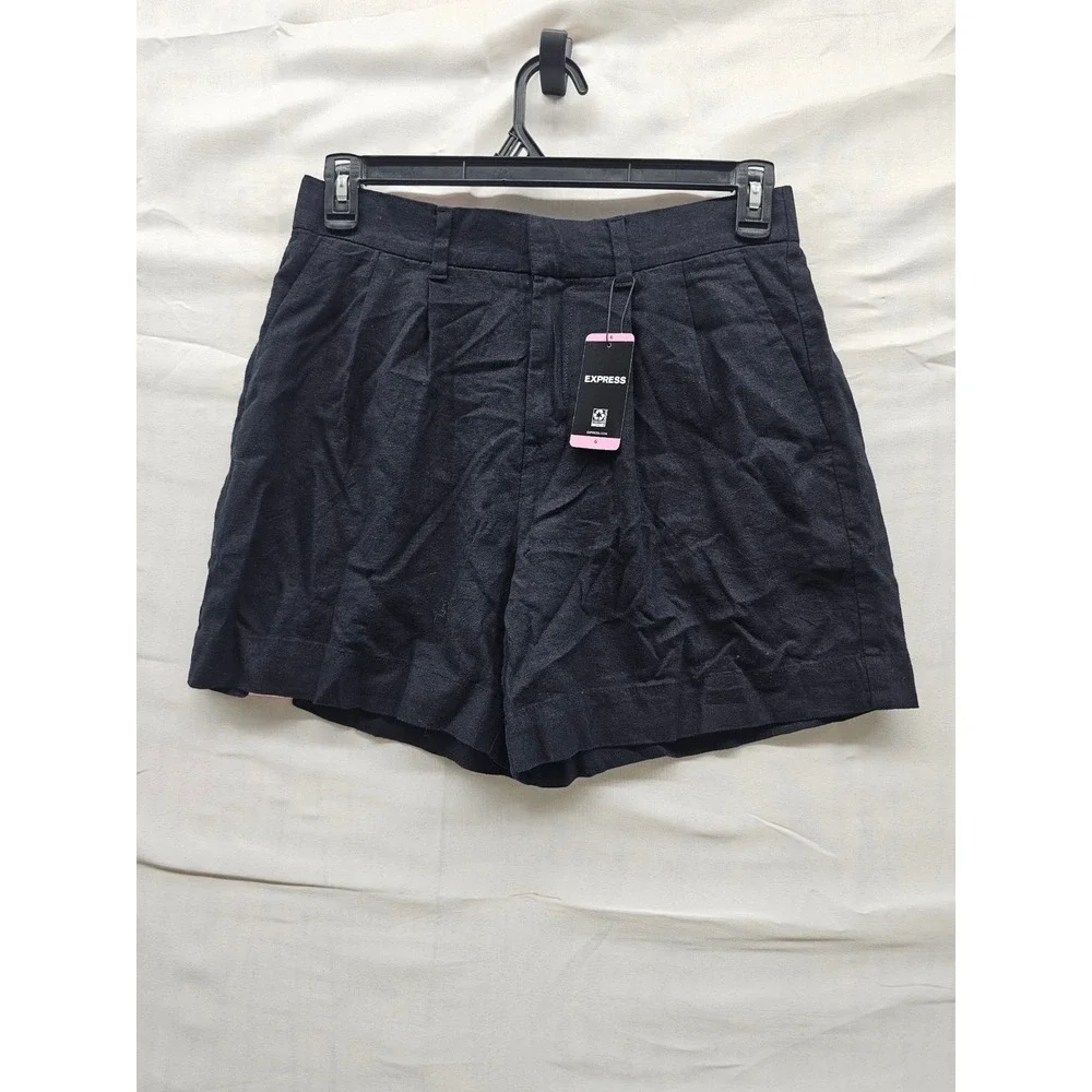 Express Womens Pleated Linen Shorts Black Linen Blend Casual Size 6